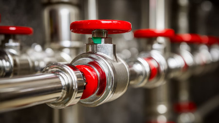 A metallic network of pipes features bold crimson valve handles, enabling precise regulation of...