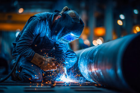 An expert craftsman focuses intently as sparks fly from his welding tool, shaping a massive steel...
