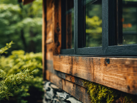 A cozy wooden cabin with aged planks and a broad window, nestled among vibrant greenery, evoking tranquility and rustic charm in nature?s embrace.の写真素材