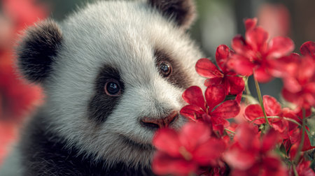 A curious panda baby nestled among a burst of scarlet blossoms, creating a charming and lively scene filled with innocence and natural beauty.の写真素材