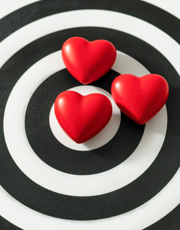 Three bold crimson hearts sit boldly at the core of a monochrome bullseye, emphasizing passion and...