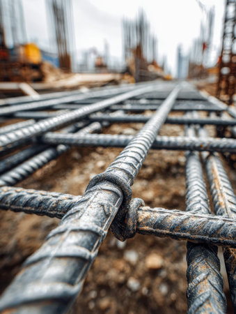 A network of sturdy steel bars intertwines at a construction site, forming the foundational skeleton...