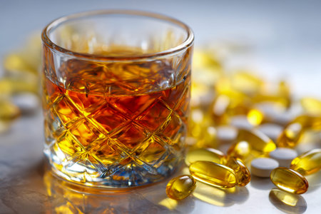A contemplative scene featuring an amber glass capturing the warm glow of light, encircled by...