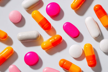 A vibrant array of pills and capsules in various hues and sizes laid randomly on a clean white...