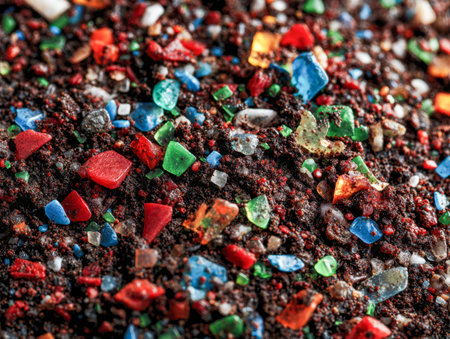 Tiny, vibrant plastic shards intertwine with dark earth, emphasizing the pervasive and damaging...