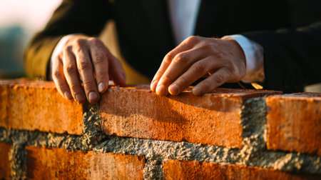 A professional in formal attire examines a rugged brick surface, signaling a meticulous assessment...