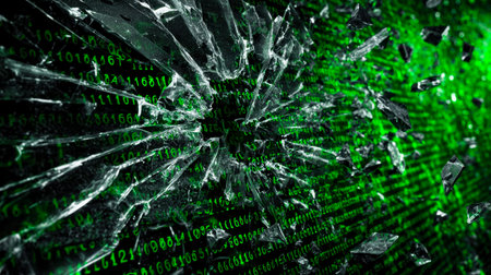 A broken electronic display overlaid with vibrant green code streams, symbolizing a cyber intrusion...