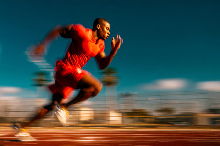 An energetic athlete accelerates along a sunny outdoor track, capturing the intensity and speed of...