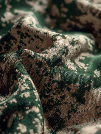 A detailed view of woven material showing complex motifs and a tactile surface that highlights...