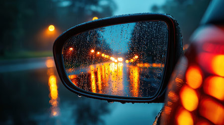 Rippling reflections of vibrant vehicle signals shimmer amidst a rainy dusk, capturing a moody,...
