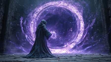 A cloaked figure conjures luminous incantations as swirling cosmic lights emerge from an arcane...