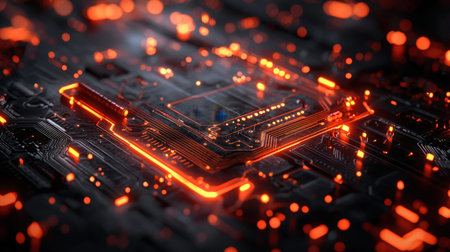 A detailed view of an advanced microchip with vibrant amber illumination and dynamic digital...