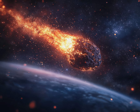 A looming space rock streaks with fiery brilliance through the cosmic void, casting an intense glow...