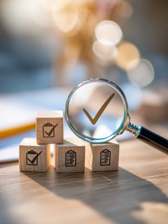 A large magnifying glass hovers over a wooden block marked with a checkmark, highlighting quality...