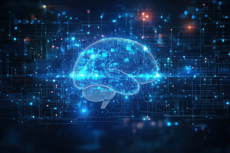 A glowing, intricate network of light pathways and electronic circuits forms a human-like brain...