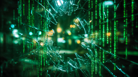 Fractured reflective surface revealing cascading binary streams amid a dark, neon-lit cyber...