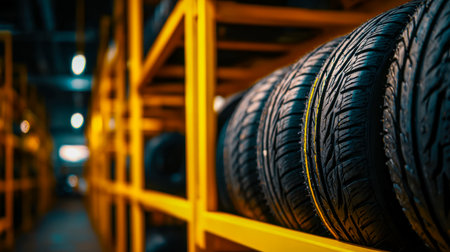 Brightly new tires are neatly arranged on sturdy yellow metal racks, ready for distribution or storage within a spacious warehouse environment.の写真素材