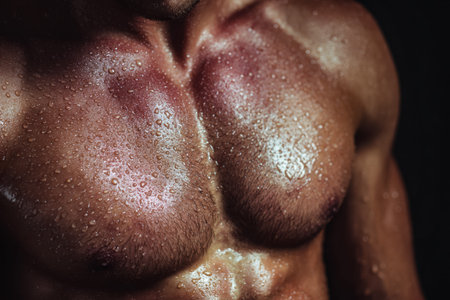 A detailed shot capturing glistening water droplets accentuating pronounced muscle fibers and...