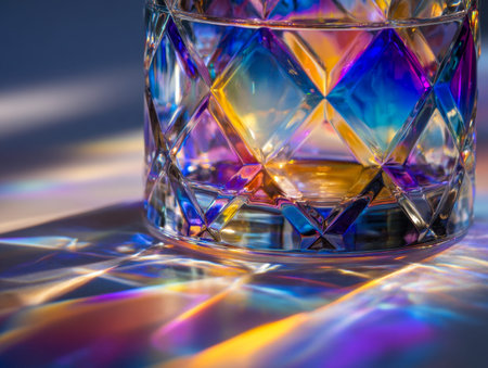 Warm sunlight diffuses through a multifaceted glass, splashing lively, rainbow-hued patterns onto a...