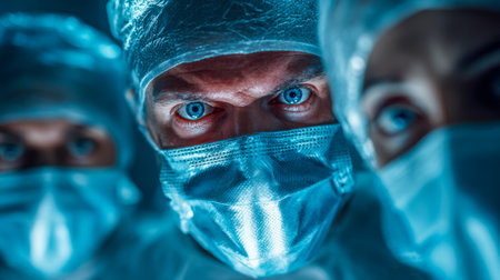 Focused medical experts wear protective gear, revealing striking blue eyes that convey determination and calm amidst a high-stakes environment.の写真素材