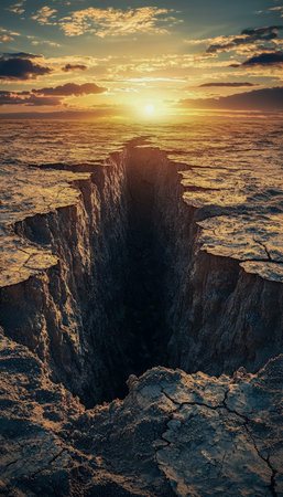 A fiery sunset casts warm hues over a rugged canyon's edge, revealing a shadowy chasm that divides...