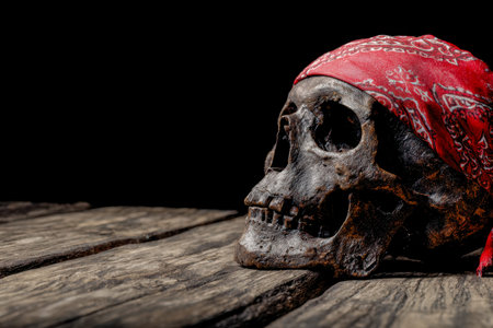 An aged skull adorned with a vibrant crimson cloth lies on weathered wood, evoking a mysterious,...
