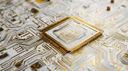 A detailed view of a shimmering gold-coated circuit under magnification, highlighting complex,...