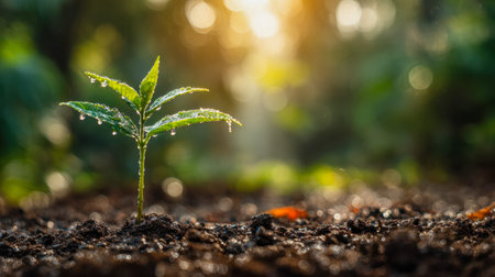 Dawn's gentle rays highlight a tiny sprout adorned with glistening dew, rooted in rich earth amid...