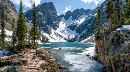 A tranquil high-altitude scene with icy waters reflecting towering snow-covered summits and lush evergreens, set against a crisp, azure sky.の写真素材