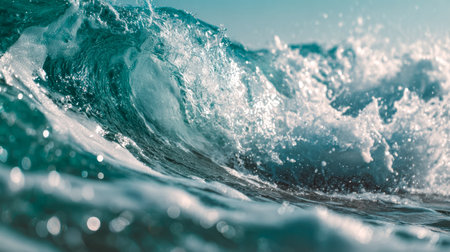Towering azure crest collides fiercely with sunlit sands, capturing the ocean's raw energy beneath a vibrant, cloudless sky in a stunning coastal scene.の写真素材