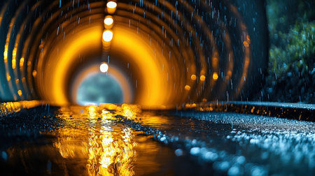 Soft glowing lights cast shimmering reflections on a wet tunnel surface, creating a dreamy...