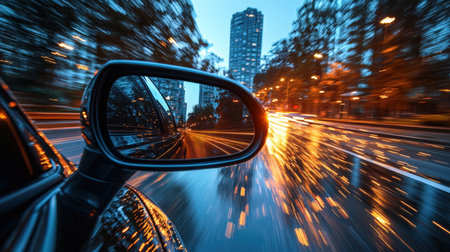 An energetic urban scene captured from a speeding vehicle, featuring streaked lights, glowing sunset...