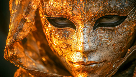 A detailed metallic face covering with elaborate gold and silver embellishments, blending art and mystery on a person's visage.の写真素材