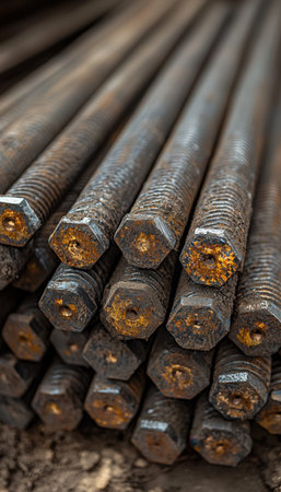 Weathered, corroded rebar pieces lie haphazardly on uneven terrain, hinting at abandoned construction and industrial decay with rugged texture and earの写真素材