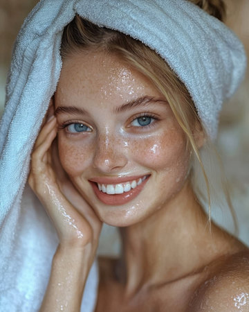 Radiant woman with sparkling blue eyes and flawless complexion, shrouded in a cozy towel, exudes freshness and joy in a serene bathroom setting.のeditorial素材