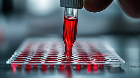 A researcher carefully loading a blood sample into a lab analyzer, focused amidst modern equipment,...