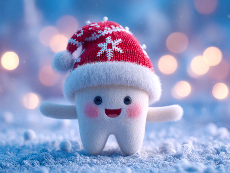 A charming plush figure dons a cheerful holiday hat amid a serene snowy landscape, evoking warmth...