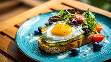 A colorful, artisanal toast loaded with smooth avocado mash, a golden fried egg, crisp greens, juicy...