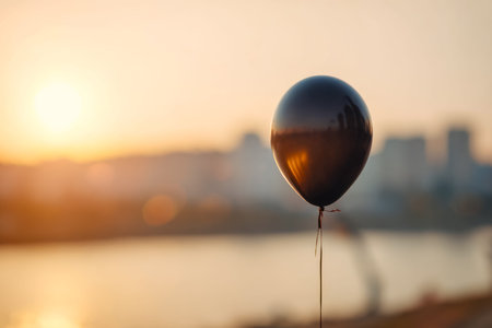 A solitary dark balloon drifts skyward as a vibrant sunset casts warm hues over a bustling city...