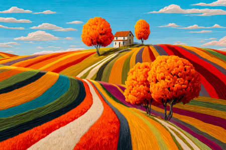 A lively fall scene featuring vivid foliage, gentle hillside contours, and a welcoming cottage...