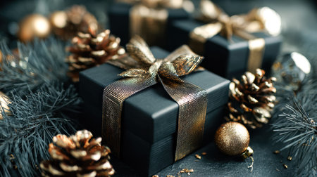 A joyful scene featuring a wrapped present nestled among cozy pinecones and colorful holiday decorations, evoking warmth and seasonal cheer.の写真素材