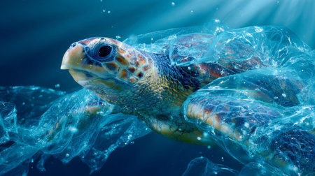 A detailed view of a sea creature gliding through waters, illuminated by sunbeams penetrating the...