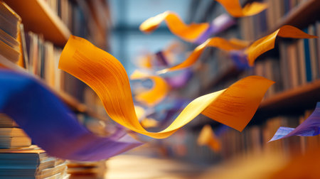 Bright, multicolored sheets swirl energetically down a tidy library corridor, infusing the space...