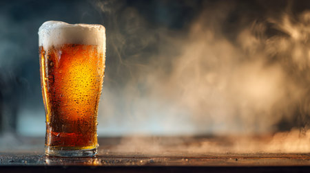 A crisp, golden drink with a frothy top rests on weathered wood, shimmering with droplets. Mist...