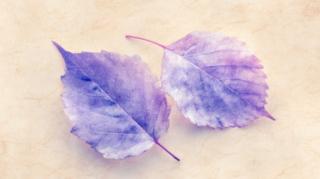 Elegant watercolor foliage in violet and navy tones adorns a rough beige surface, evoking a serene,...