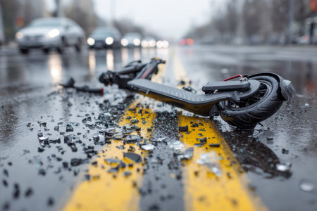 A rain-soaked street scene shows an electric scooter with bent frame and scattered parts, reflecting...
