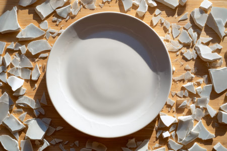 Fragments of a shattered white ceramic dish lie dispersed on a warm wooden tabletop, illuminated by...