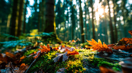 Sun rays illuminate a lush woodland scene where multicolored leaves carpet the ground amidst soft...