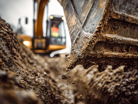 A detailed view of an excavator's bucket in action, shifting thick soil and mud amid a rugged...