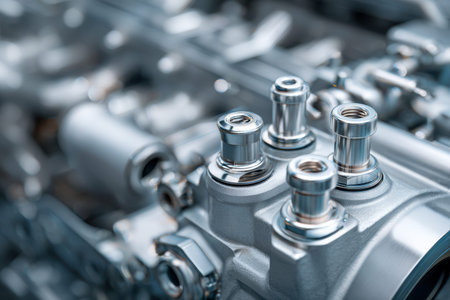 Intricate metallic parts immersed in sharp clarity, showcasing gleaming valve mechanisms amid sleek,...